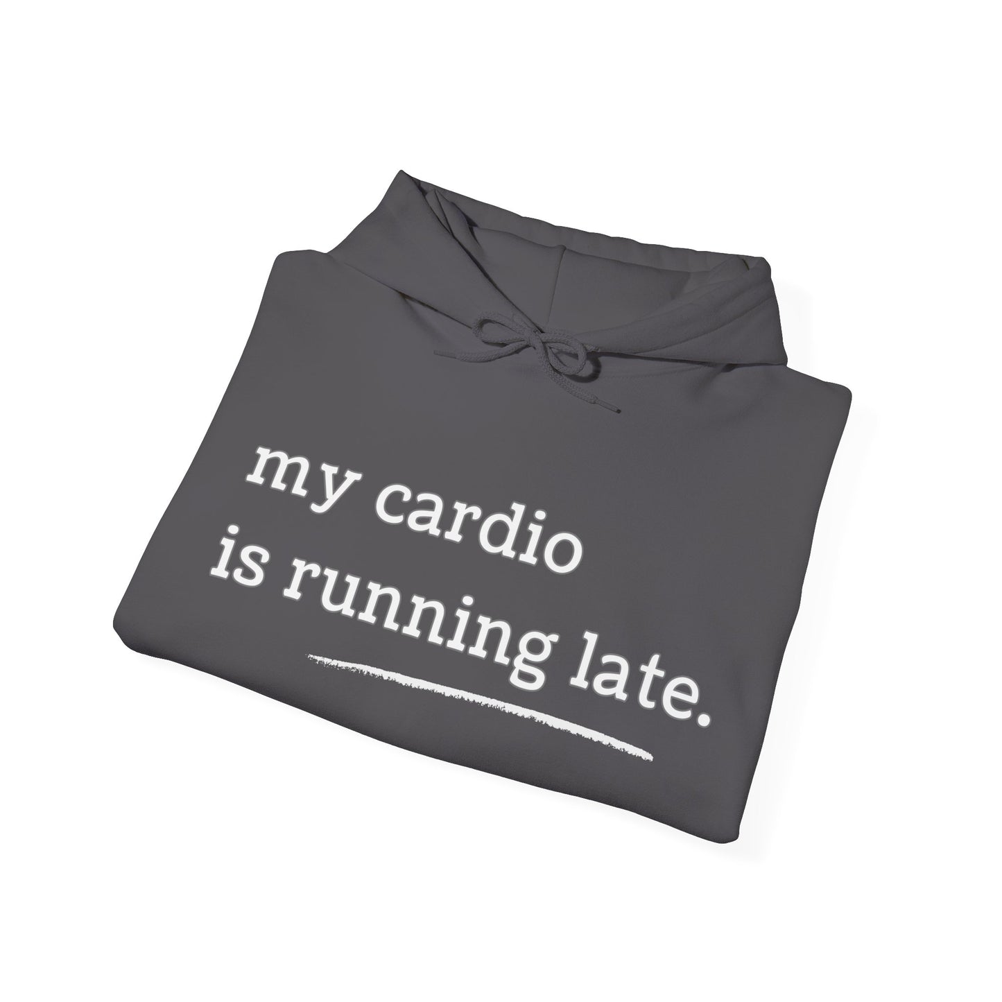 My Cardio Is Running Late Hoodie, Funny Workout Sweatshirt, Gym and Work Humor, Sarcastic Fitness Pullover, Running, Gym Work Colleague Gift