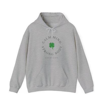 St Patricks Day Gym Hoodie, Calm Mind Strong Body Lucky Life Shamrock Sweatshirt | Irish Fitness, Workout Motivation, St Paddys Day Gift