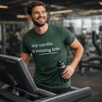 My Cardio Is Running Late Shirt, Funny Workout T-Shirt, Gym and Work Colleague Humor Tee, Sarcastic Fitness, Running Shirt, Work Gym Gift