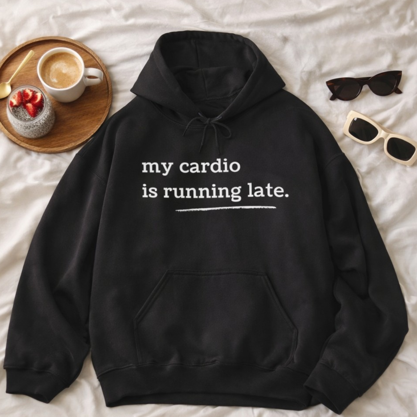 My Cardio Is Running Late Hoodie, Funny Workout Sweatshirt, Gym and Work Humor, Sarcastic Fitness Pullover, Running, Gym Work Colleague Gift