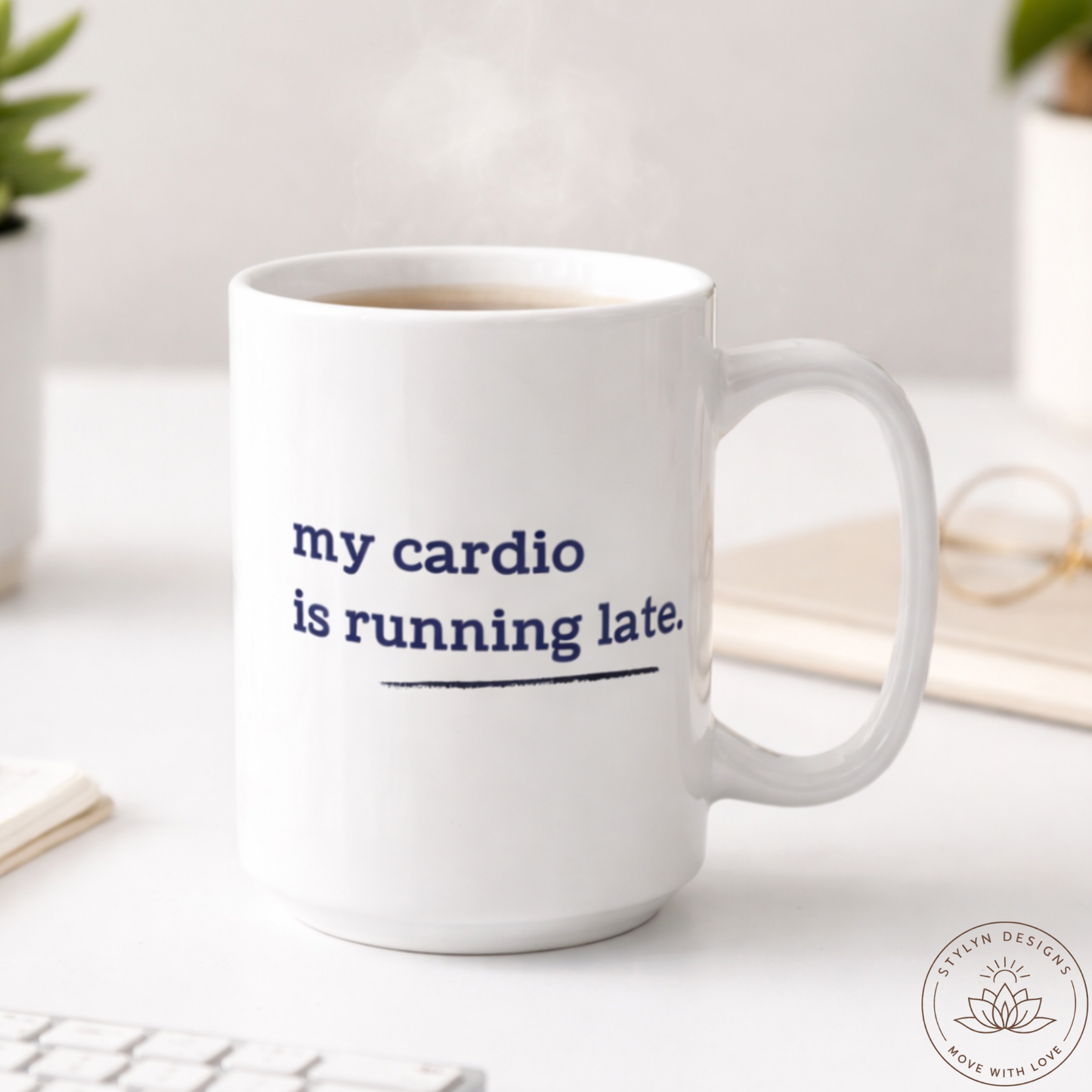 My Cardio is Running Late Mug | 15oz Funny Coffee Mug, Gym and Work Humor, Sarcastic Fitness, Running, Gym Bestie, Work Colleague Gift