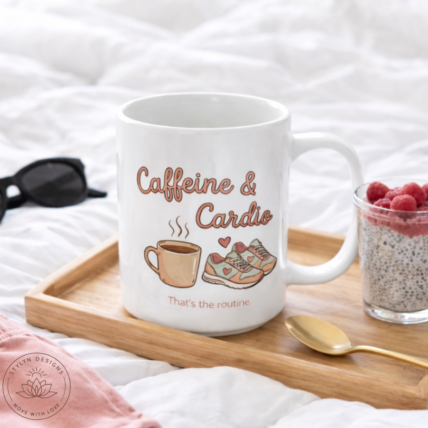 Caffeine & Cardio Mug | 15oz Coffee Fitness Lover Gift Ceramic Cup, Running Graphic, Gym Fitness Mug, Coffee Before Cardio, Cute Graphic