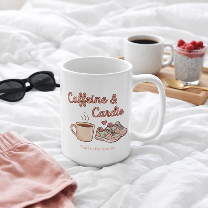 Caffeine & Cardio Mug | 15oz Coffee Fitness Lover Gift Ceramic Cup, Running Graphic, Gym Fitness Mug, Coffee Before Cardio, Cute Graphic