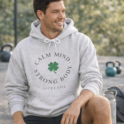 St Patricks Day Gym Hoodie, Calm Mind Strong Body Lucky Life Shamrock Sweatshirt | Irish Fitness, Workout Motivation, St Paddys Day Gift