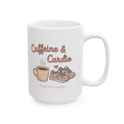 Caffeine & Cardio Mug | 15oz Coffee Fitness Lover Gift Ceramic Cup, Running Graphic, Gym Fitness Mug, Coffee Before Cardio, Cute Graphic