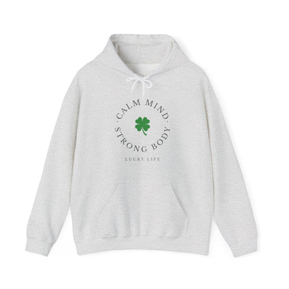 St Patricks Day Gym Hoodie, Calm Mind Strong Body Lucky Life Shamrock Sweatshirt | Irish Fitness, Workout Motivation, St Paddys Day Gift