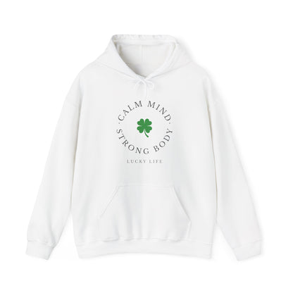 St Patricks Day Gym Hoodie, Calm Mind Strong Body Lucky Life Shamrock Sweatshirt | Irish Fitness, Workout Motivation, St Paddys Day Gift