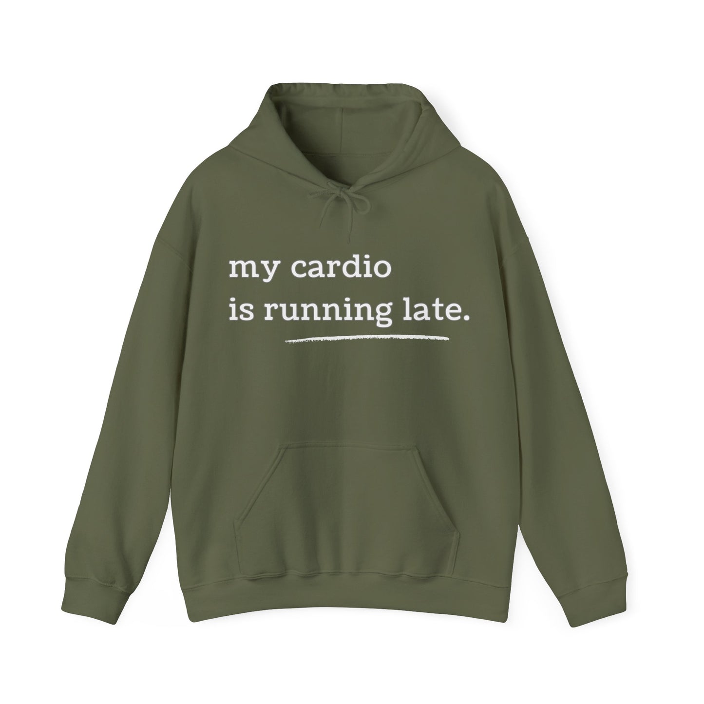 My Cardio Is Running Late Hoodie, Funny Workout Sweatshirt, Gym and Work Humor, Sarcastic Fitness Pullover, Running, Gym Work Colleague Gift